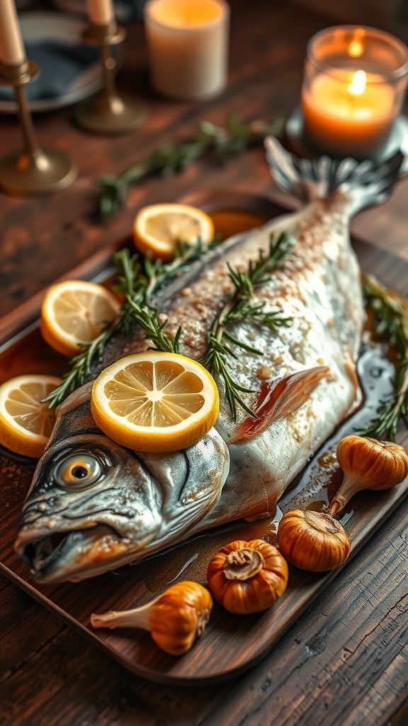 Roasted branzino with garlic and rosemary garnished with lemon on a wooden table.